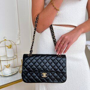 Authentic Chanel Double Flap Classic Medium Lambskin Black Shoulder Bag B0820
